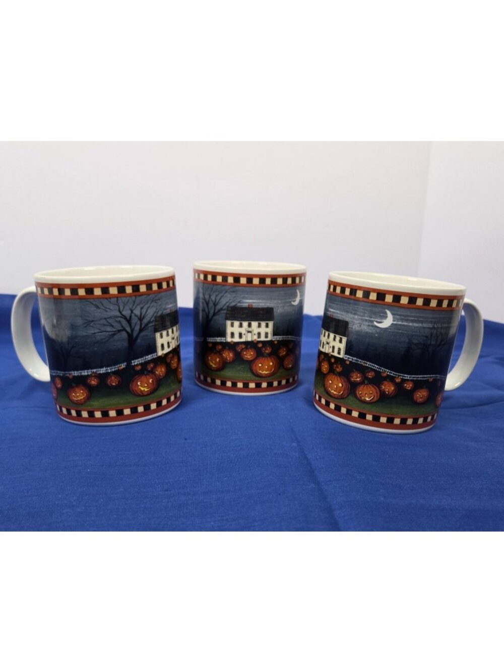 Set of 3 Sakura David Carter Brown Pumpkin Hollow Halloween Mugs VTG 2001
